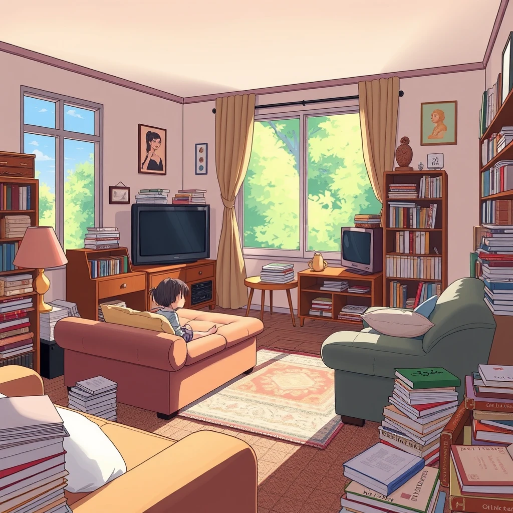 A Miyazaki-style illustration, high definition, a little girl sitting on the sofa in a room, looking out the window, there is a television, many pieces of furniture, and many books. - Image