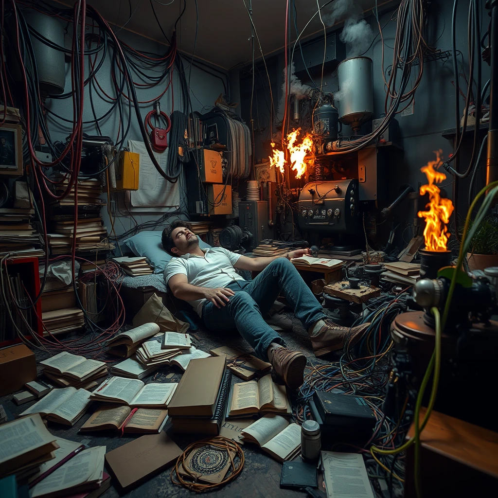 A real-life photograph, wide shot, of a handsome man with a good physique sleeping in the corner of a room. The room has some books scattered messily, and many wires of varying thicknesses are on the floor and in the air, including red, blue, yellow, and other colors. Additionally, there are some machines emitting steam and fire. The lighting is dim, and there are some plants.