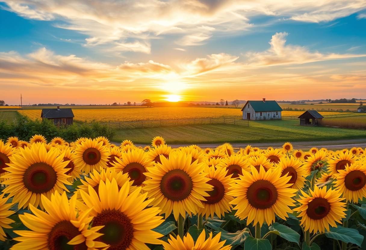 Vibrant, sunflower fields, golden blooms, high quality, photorealistic, summer, cheerful, idyllic, rural, panoramic, breathtaking, rural farmhouses, blue skies, windblown fields, sunset, floral arrangements.