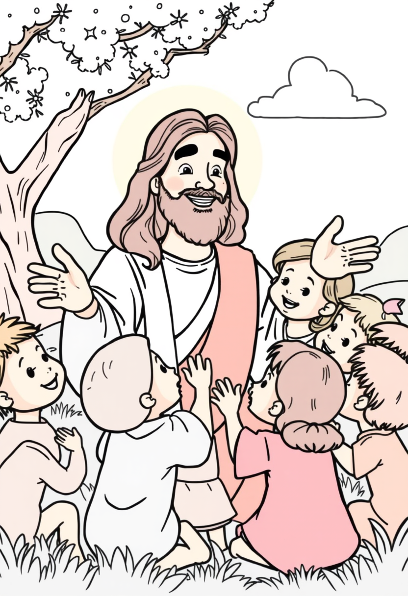 Illustrate Jesus surrounded by children, blessing them with a warm smile and open arms in a peaceful setting. a coloring book page, cartoon style, thick lines, low details, no shading. - Image