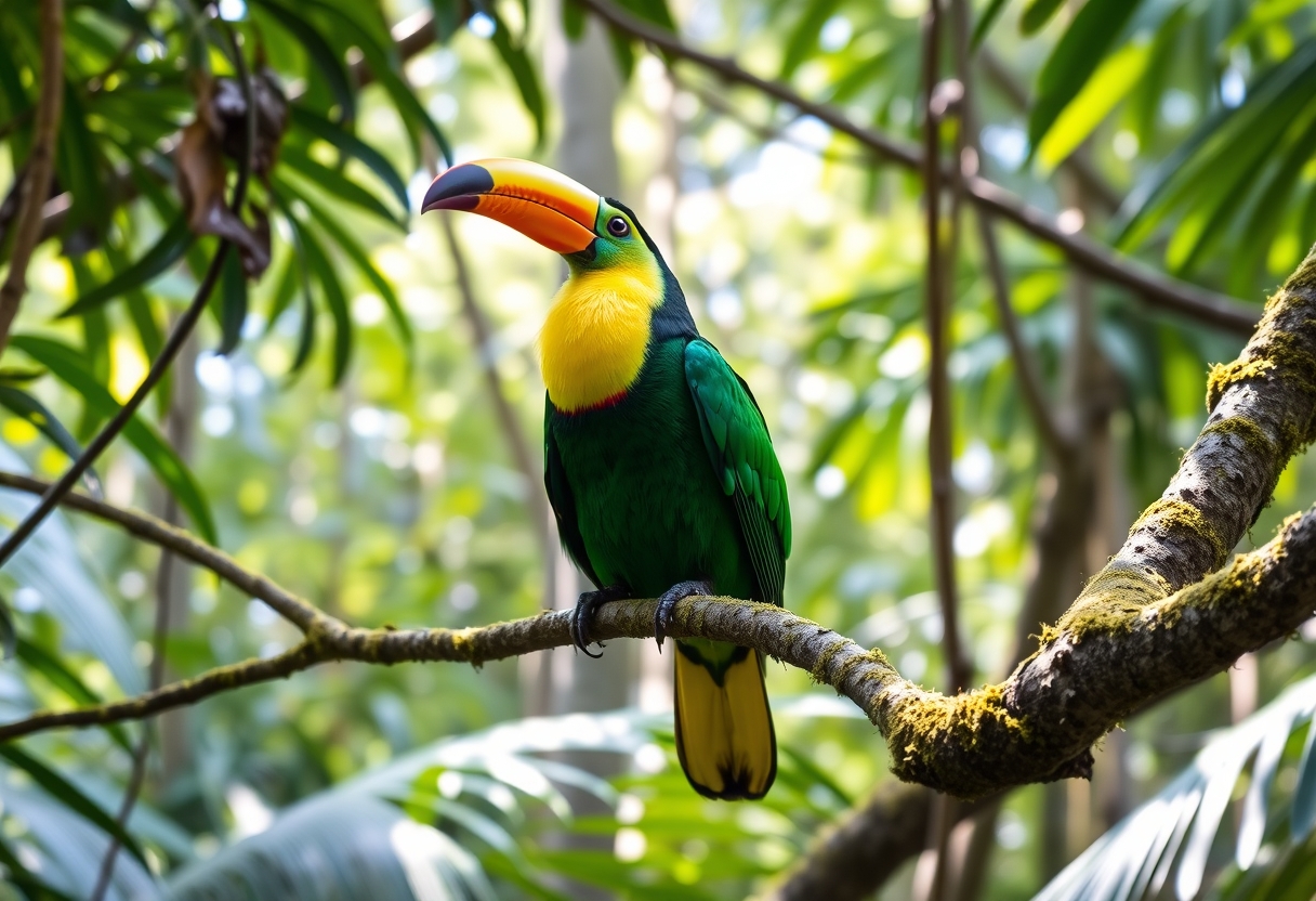 A vibrant emerald real tucan (Ramphastos sulfuratus), a bird from Costa Rica, perched gracefully on a moss-covered branch in a dense, lush South American rainforest. The sunlight filters through the canopy.