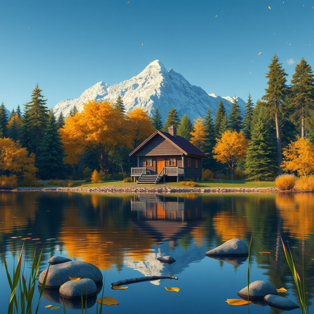 Create a full frame highly Pixar stylized landscape of a cabin on a lake in the Fall.