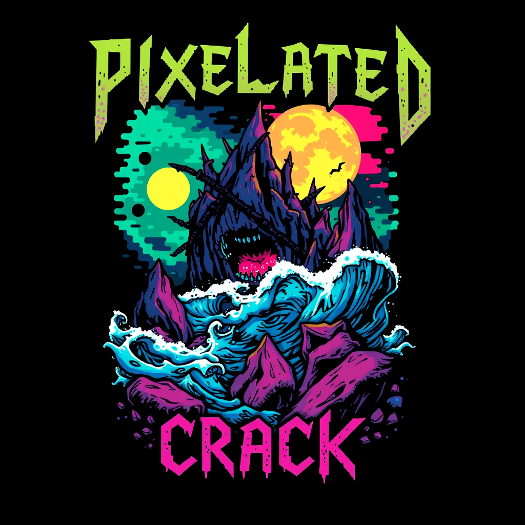 T-shirt design featuring a blocky, colorful 8-bit style of death metal blended with chiptune. The visuals should be unique and striking, yet macabre, combined with beauty. The band name is "Pixelated Crack," with a scene inspired by the deep sea. - Image