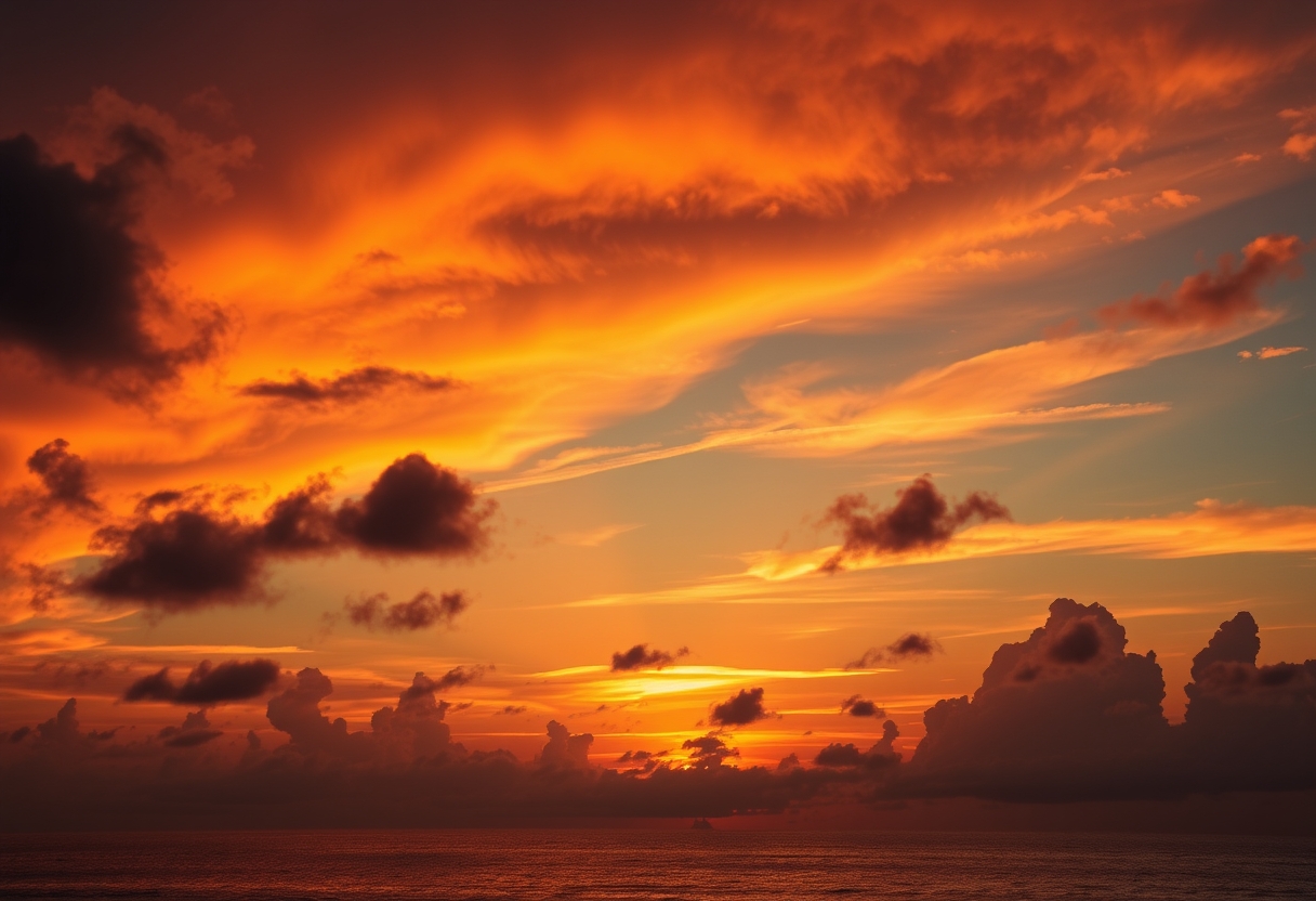 Dramatic, fiery sunset, clouds, silhouettes, high quality, photorealistic, evening sky, reflection, serene, seashells.