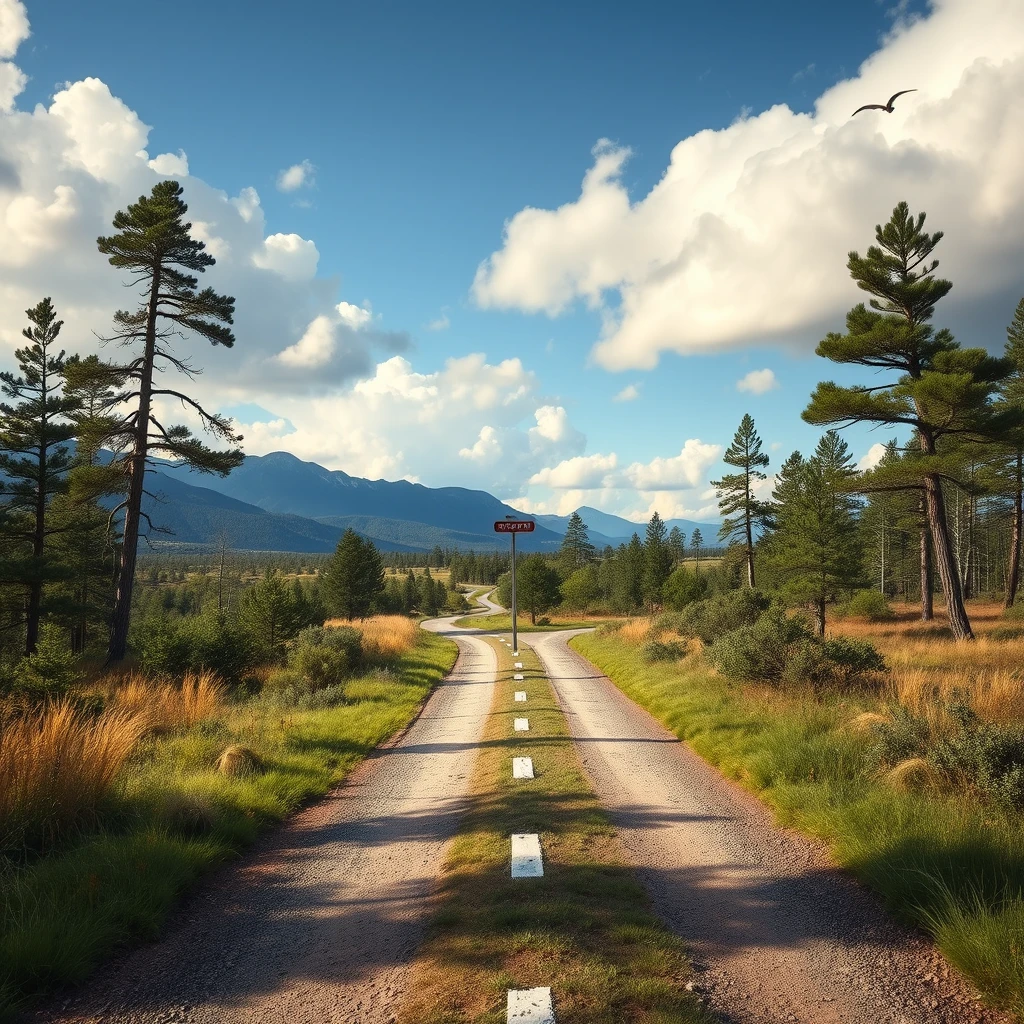 A road in the wilderness, a road that starts at the bottom of the screen and splits into two paths (crossroad) in the middle; at the crossroad, there is a milestone.