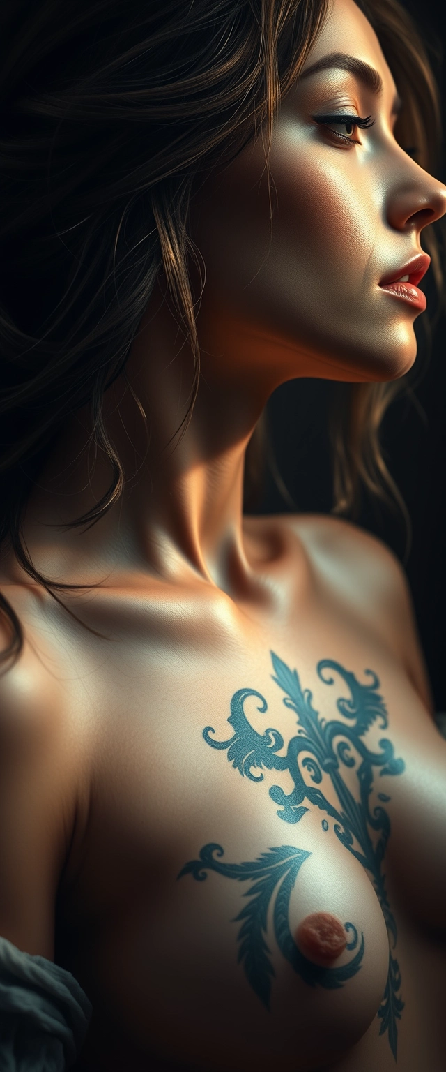 Arafed woman with a tattoo on her chest and chest A symphony of pixels in hyperrealistic harmony, intricate and softly lit, an 8K revelation trending on ArtStation, brought to you by Leonardo Da Vinci. - Image