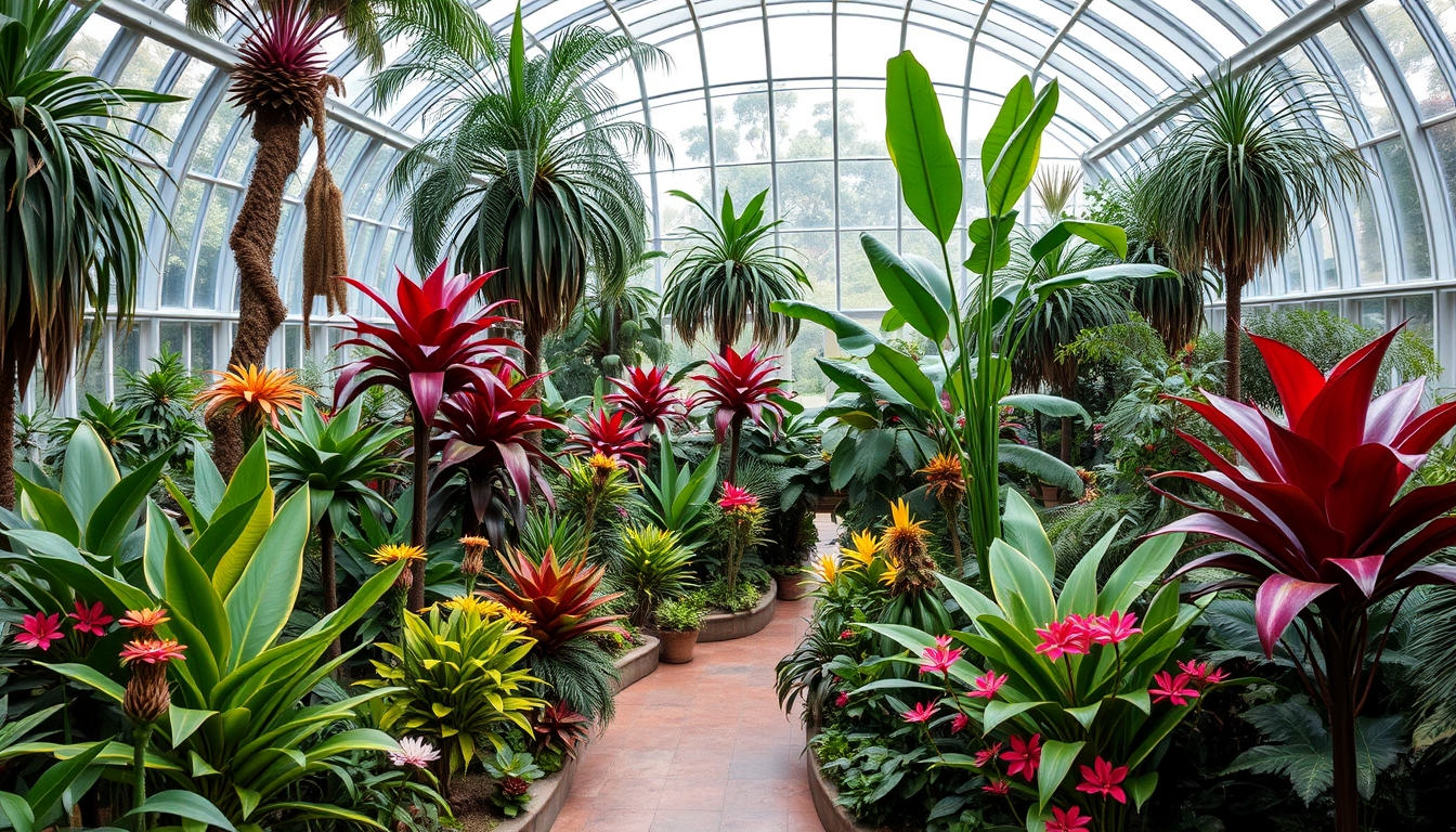 A stunning glass-enclosed botanical garden, filled with exotic plants and flowers.