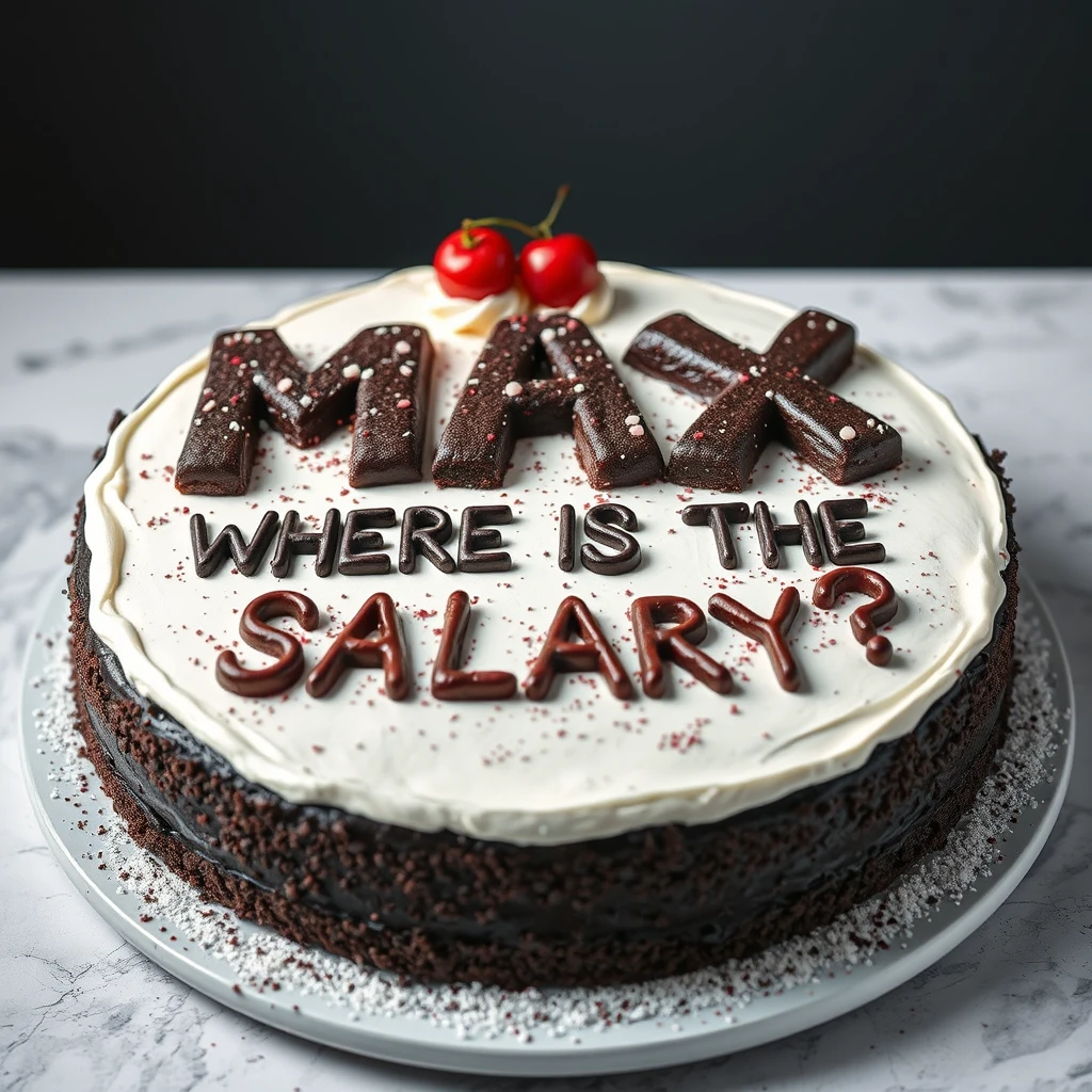 'black forest gateau cake spelling out the words “MAX WHERE IS THE SALARY?”, tasty, food photography, dynamic shot'