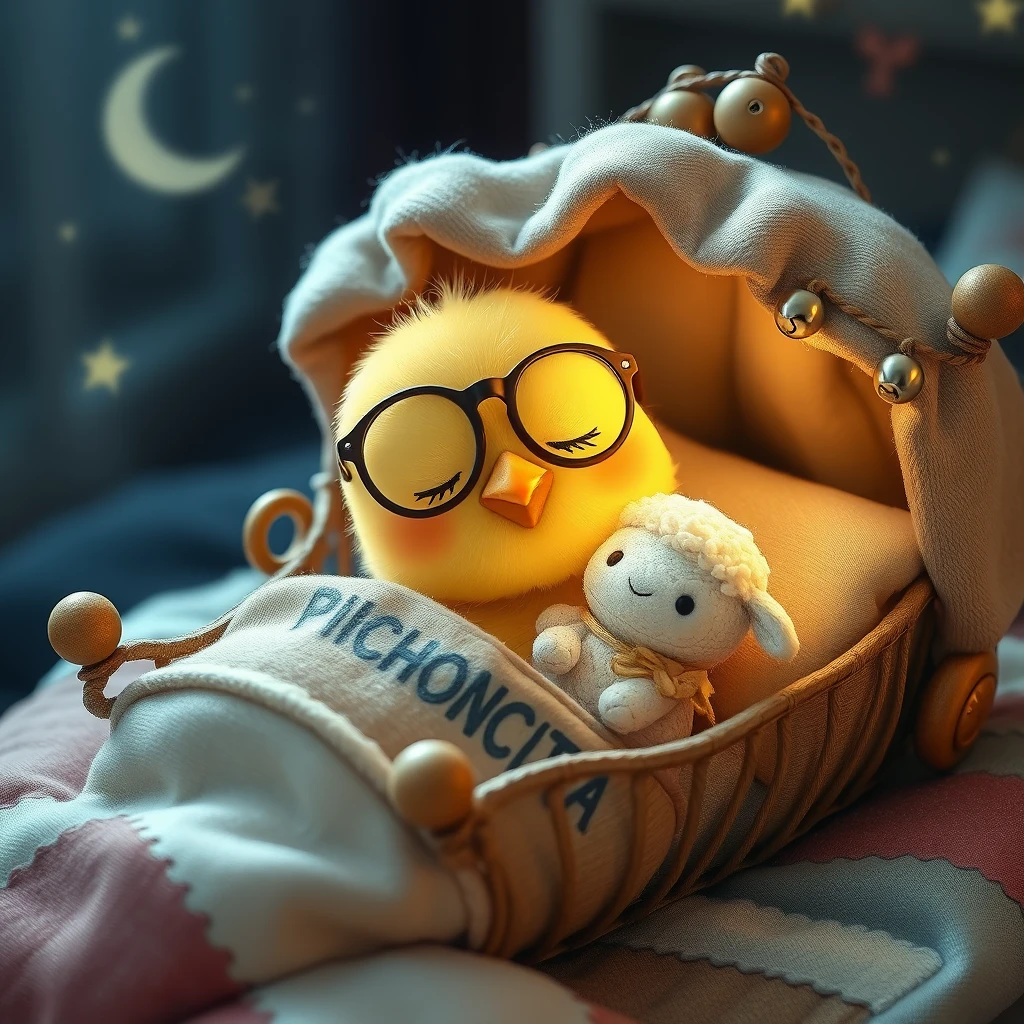 It is night. A sweet, delicate little chick, Kawaii with a small, rounded beak, is wearing glasses and sleeping in its precious little bed with tiny jingle bells, with childish details that have the name PICHONCITA written on it, wrapped in patchwork blankets, hugging a tiny cute stuffed sheep.