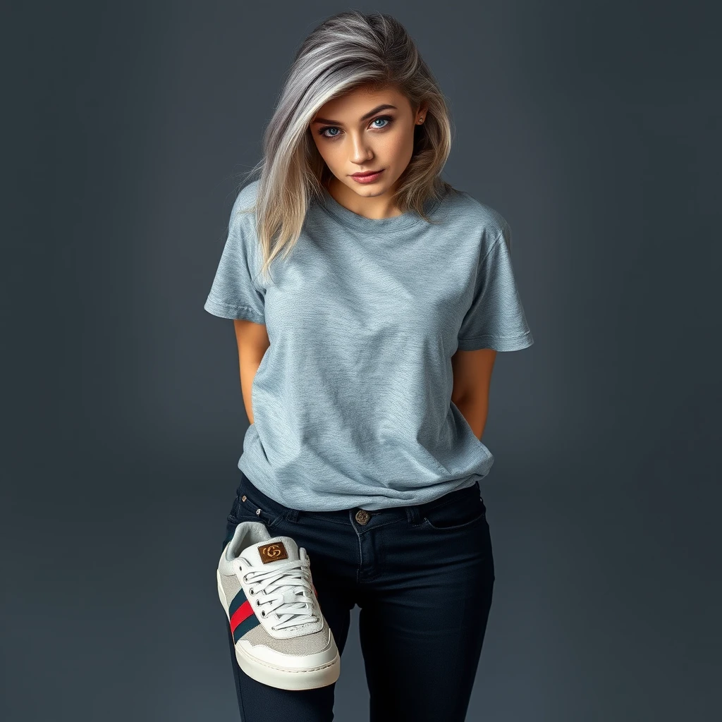 A young woman in a grey T-shirt, black jeans, and Gucci sneakers on her feet. Appearance: cool gray hair and large blue eyes, with an arrogant look. Professional photo. Full length.