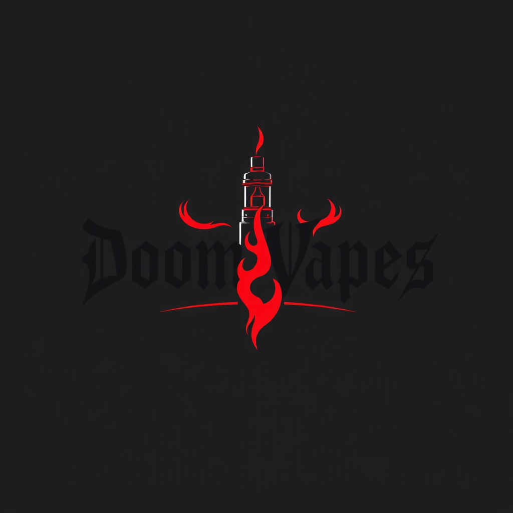 Sleek, minimalist logo for DoomVapes featuring a stylized vape tank engulfed in ethereal, crimson flames. Infernal typography with sharp, angular serifs. Monochromatic color scheme: deep black and blood red. Balanced composition with negative space suggesting smoke tendrils. Evokes a sense of rebellious, edgy sophistication.