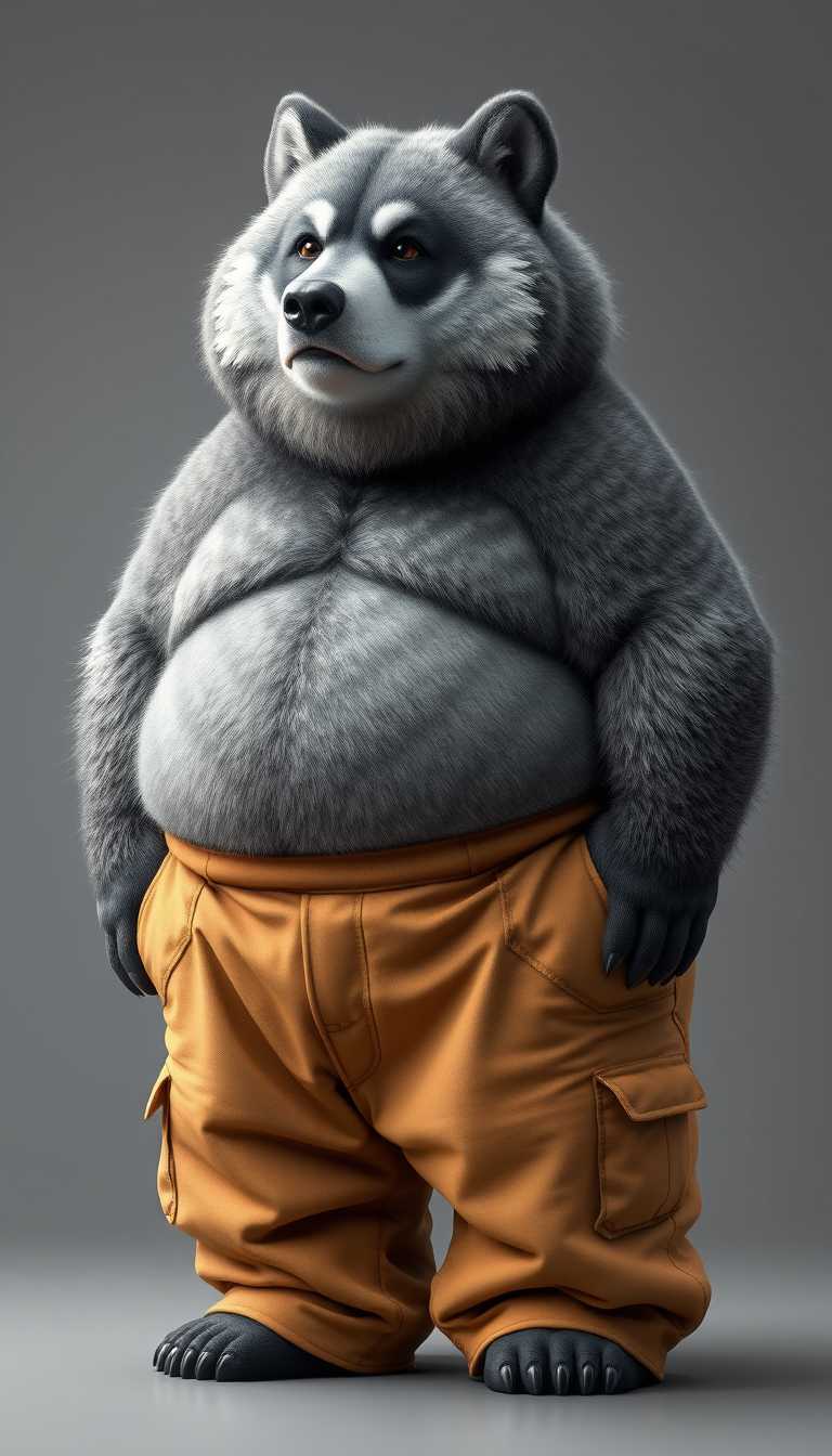 Quarter view, anthropomorphic obese gray bear-wolf hybrid, blended features. Gray and black fur with tan and white fur markings. He has a heavyset body. Wide fat bottom. Fat wide double chins. Tan obese big fat baggy cargo pants. Obese double belly tucked into pants overflowing. Full body. Uncropped. Fluffy fur. Digital art, semi-realistic. - Image