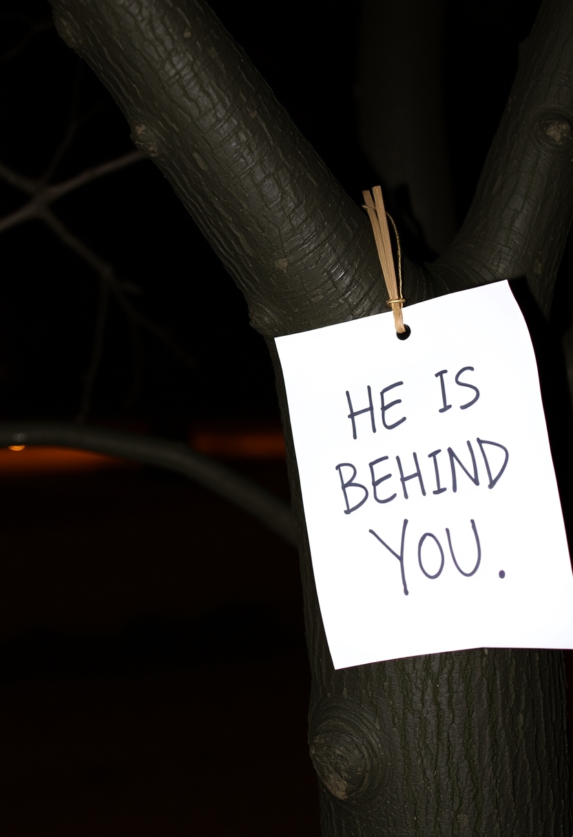 A hand-drawn slender man on paper and a handwritten text that says 'HE IS BEHIND YOU,' attached to a tree branch, in the middle of the night. - Image