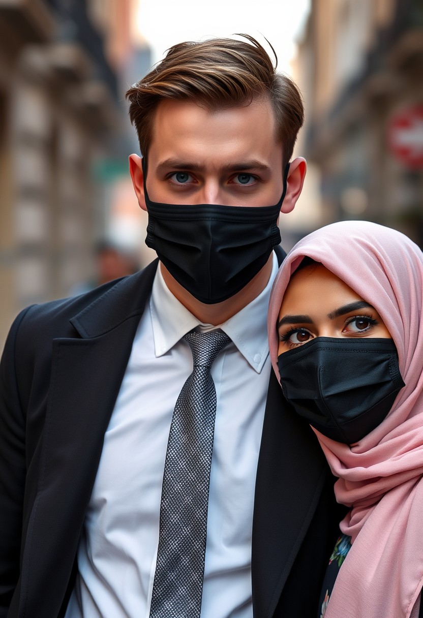 Jamie Dornan's head and body shot, handsome, young, black face mask, white shirt half-buttoned, grey patterned tie, black coat suit, dating a girl with the biggest soft pink hijab, beautiful eyes, black face mask, the biggest floral outfit, hyper-realistic, street photography.