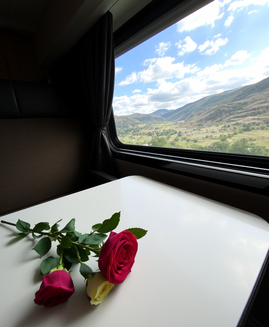 A bouquet of roses lies on a table in a cozy compartment, a stunning view opens outside the train window.