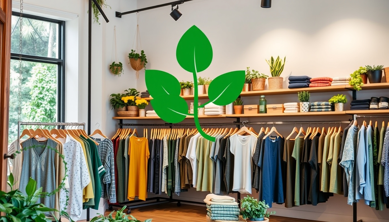 Sustainable clothing store with eco-friendly products, symbolizing green retail.