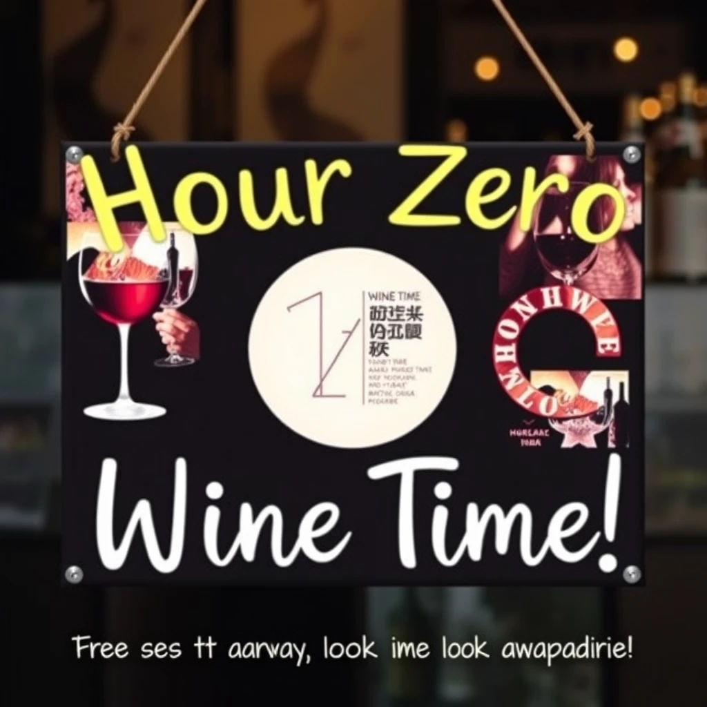 Generate a sign that says "Hour Zero" "Wine Time!" with images of celebration and festivities. Be creative. Make it look amazing.