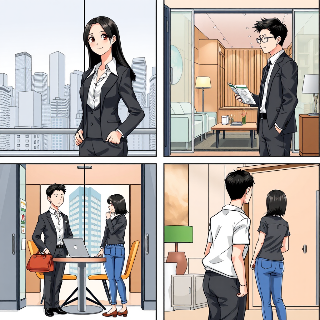 4 panels in Japanese manga style. In each frame, the characters are:

Main character: Anna
Gender: Female
Age: 30 years old
Body type: Slim
Skin tone: Light skin
Hairstyle: Straight long hair
Hair color: Black
Eye color: Brown
Outfit: Formal work attire (white shirt and black suit pants)
Accessories: Handbag
Personality: Positive, confident, witty

Supporting character: Xiao Li
Gender: Male
Age: 35 years old
Body type: Average
Skin tone: Light skin
Hairstyle: Short hair
Hair color: Brown
Eye color: Black
Outfit: Casual wear (blue jeans and T-shirt)
Accessories: Glasses
Personality: Helpful, reliable, humorous

{Top left corner}
Medium shot
Anna stands confidently in front of the real estate office, looking at the entrance.
Hands on her hips, smiling
The background shows a modern cityscape with high-rise buildings.

{Top right corner}
Wide shot
Anna and Xiao Li enter the office, where a real estate agent greets them.
The scene features an elegantly decorated office interior, with a reception area that has a sofa and a table.

{Bottom left corner}
Medium shot
Anna and Xiao Li sit at a table, while the real estate agent presents property materials.
Anna looks attentively at the materials, and Xiao Li nods.
The scene includes several property documents and a computer on the table.

{Bottom right corner}
Background shot
Anna and Xiao Li are preparing to leave the office.
Anna and Xiao Li are facing away from the camera.
The background shows the main door of the office. - Image