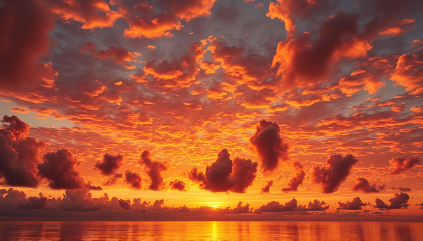 fiery sunset, clouds, high quality, photorealistic, evening sky, reflection, serene - Image