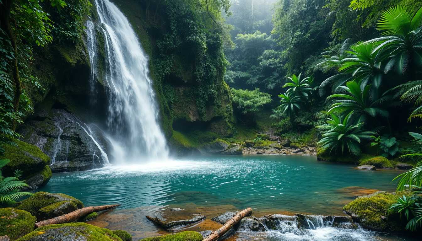 rfall, cascading, clear water, lush greenery, high quality, photorealistic, hidden oasis, serene, rainforest, breathtaking, secluded::0.8 moss-covered rocks, tropical plants, natural pools, jungle trails, mist, - Image