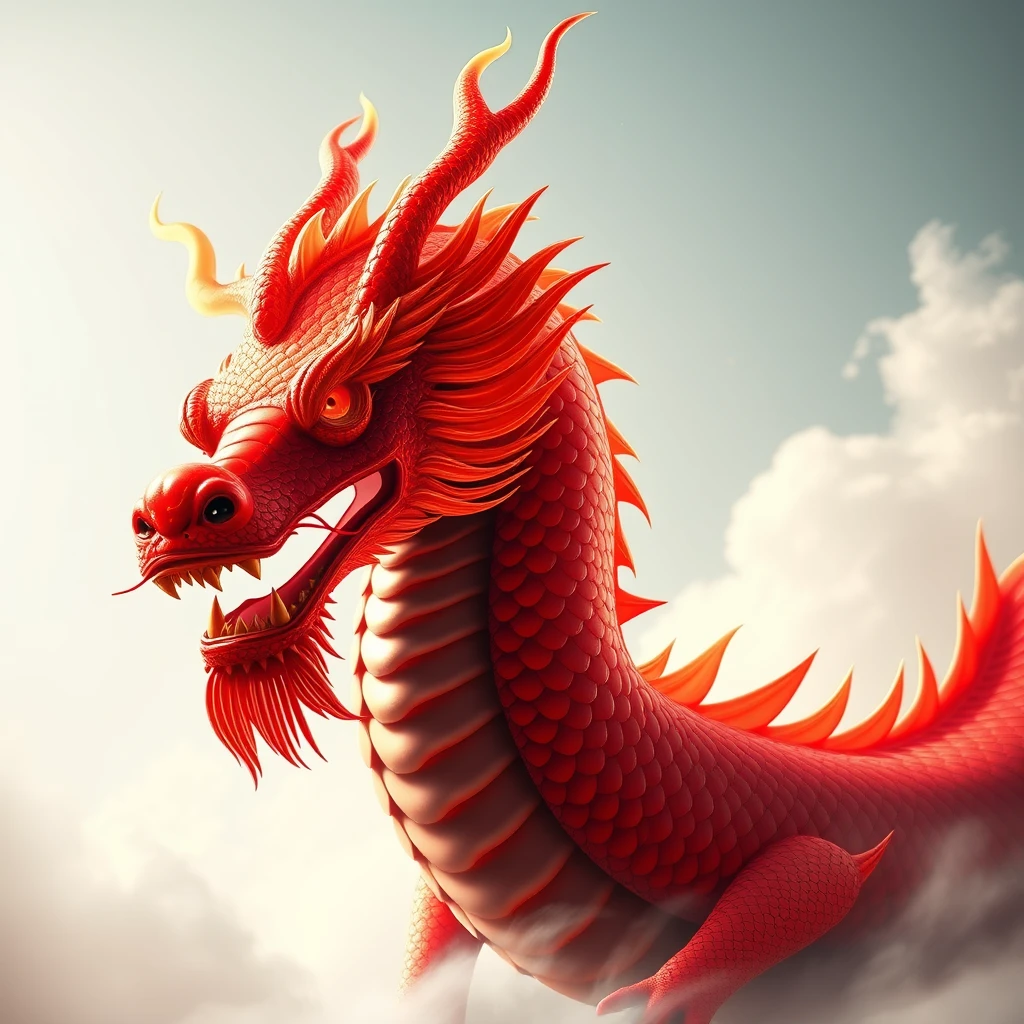 Please generate an image based on the following description:

Basic Form
Body: The Candle Dragon is described as a gigantic red dragon, stretching a thousand miles long, showcasing its massive physique and endless majesty. This size not only symbolizes its power but also hints at its significant position in ancient Chinese mythology.
Color: The Candle Dragon is covered in red scales that shimmer in the sunlight, fiery and dazzling. This red not only adds to its mystery but also makes it a symbol of fire.

Head Features
Face: The Candle Dragon has a human-like face, which makes it particularly unique among various mythical beasts. Its eyes are elongated and vertical, exuding an air of dominance. It is said that the left eye represents the sun and the right eye represents the moon; opening the left eye brings day, while opening the right eye brings night, further emphasizing its control over time and light.
Mouth: The mouth of the Candle Dragon can open very wide, revealing sharp teeth and a flame-like tongue.
Horns and Whiskers: The head of the Candle Dragon also features horns and whiskers, enhancing its majesty and mystery. The horns symbolize strength, while the whiskers evoke a sense of wisdom and ancientness.

Image Background: On a sacred mountain named Zhangwei Mountain in the extremely cold northern region, in a harsh environment with few human traces.
Text Description: Classic of Mountains and Seas - Candle Dragon. - Image