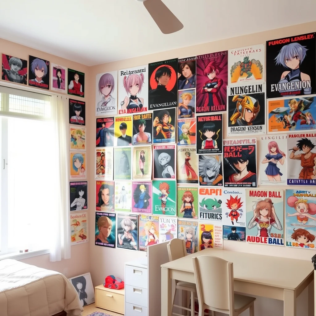 In a room, one wall is covered with many posters, including those of Rei Ayanami, Asuka Langley, Neon Genesis Evangelion, Dragon Ball, Rurouni Kenshin, Masakazu Katsura's Video Girl Ai, Castle in the Sky, and more. It is a girl's bedroom, which has a window, a bed, and a table with chairs. - Image