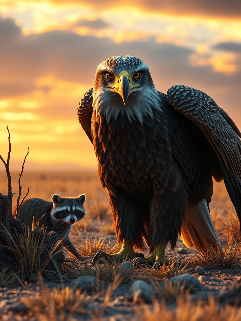 A stunning 3D cinematic image of a golden eagle, portrayed as majestic and regal, perched on the ground with its wings slightly spread. Its piercing eyes stare directly at the camera, while a raccoon cautiously peeks from behind a nearby tree. The environment surrounding the eagle is desolate yet beautiful, with golden grass and a dramatic sunset sky. The overall atmosphere evokes a sense of awe and respect for the mighty bird of prey.