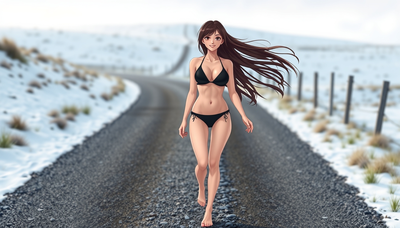 Anime style, A beautiful brunette girl with long hair wearing a black bikini walking on a gravel snowcapped country road, barefoot, smiling, model body type. - Image