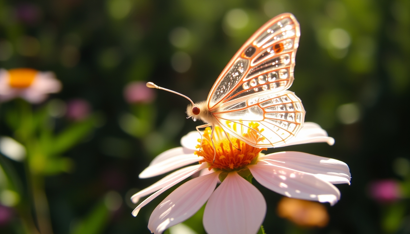 A delicate glass butterfly perched on a blooming flower, catching the sunlight. - Image