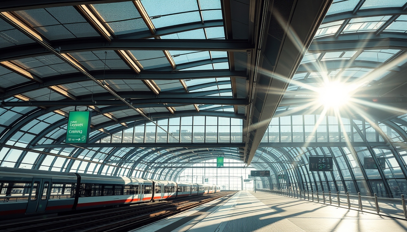 A futuristic train station with glass ceilings and walls, sunlight streaming in. - Image