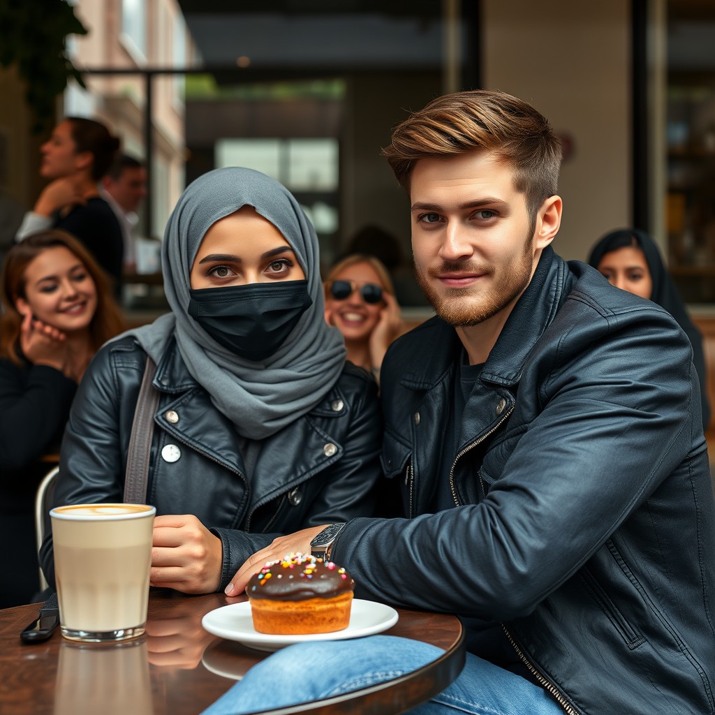 Jamie Dornan's head and body shot, handsome, face mask black, blue jeans jacket, jeans, dating love with a grey hijab Muslim girl, beautiful eyes, face mask black, black leather jacket, biggest floral skirt, at café, 2 cups of latte, muffin cake, chocolate donut on a table, with another 4 friends smiling in the back, photorealistic, hyper-realistic, street photography, selfie. - Image