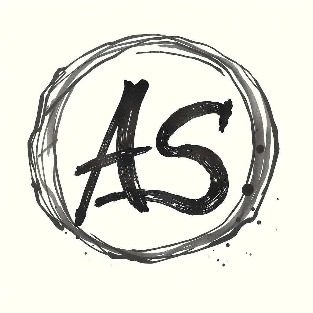 Bold, hand-drawn masculine signature for initials AS, featuring thick, confident strokes. Rugged edges reminiscent of weathered stone. Dynamic curves suggest motion, power. Deep charcoal on cream parchment. Subtle ink splatter adds raw energy. Evokes vintage explorer's journal. Timeless yet modern aesthetic. - Image