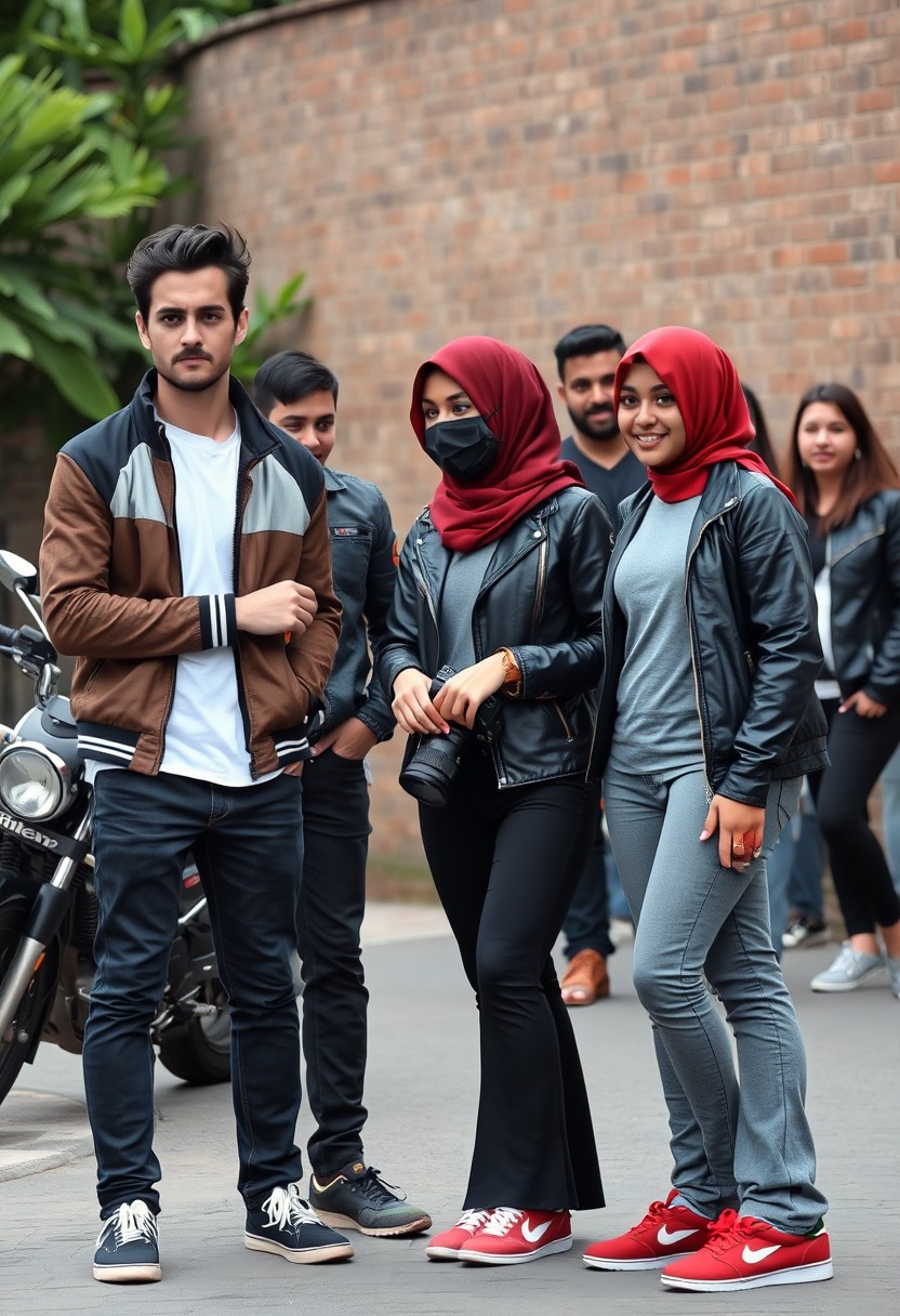 Jamie Dornan and Freddie Prinze, head and body shot, handsome, young, serious face, dark brown hair, white T-shirt, collage jacket, skinny jeans, sneakers, standing, discussing with two guys and a short, slim Muslim girl in a red hijab, beautiful eyes, black face mask, black leather jacket, grey long T-shirt, bell-bottom cutting jeans, red sneakers, holding a Canon DSLR camera, near a town road, superbike, hyper-realistic, street photography, brick wall, full body photo, five other random smiling friends in the background.