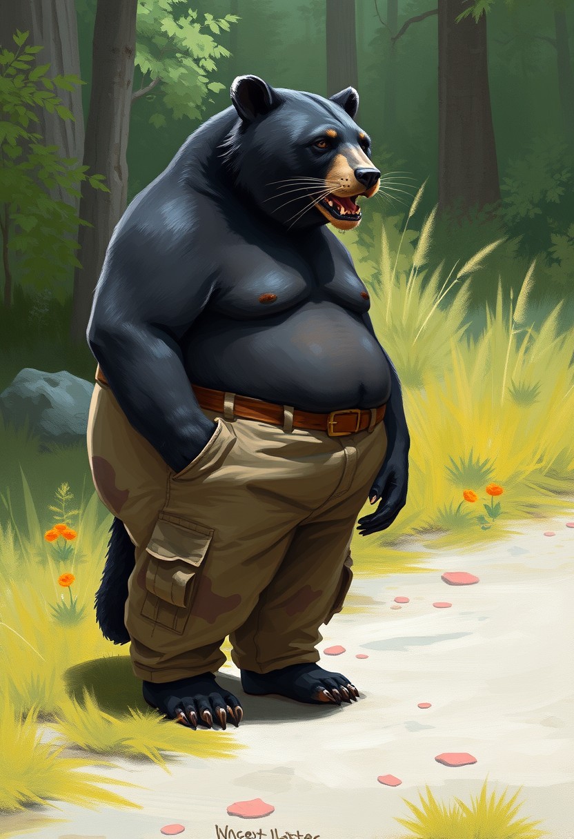 Painting of an anthropomorphic black bear cougar hybrid wearing cargo pants in the summer. Extremely overweight.