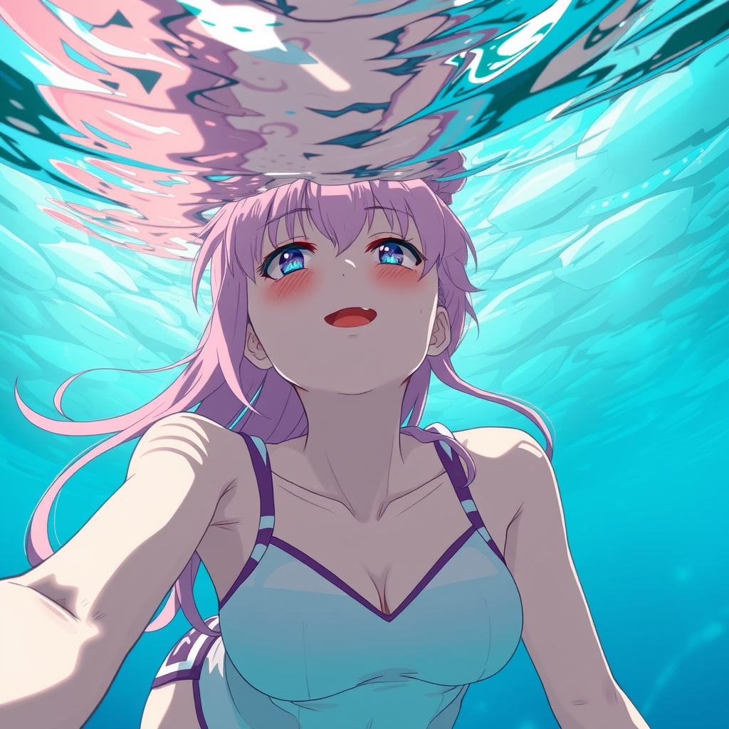 Anime art of a motherly woman, from below, pink hair, school swimsuit, detailed scene, underwater, stunning details, trending on artstation, anime artwork, anime cel shading, detailed soft shadows. - Image