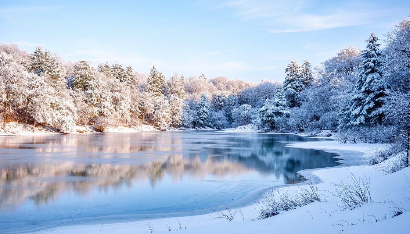 A picturesque winter scene with a glassy frozen lake surrounded by snow-covered trees.