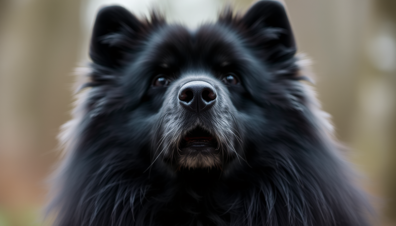 A Samoyed dog with black fur, bokeh, 90mm.