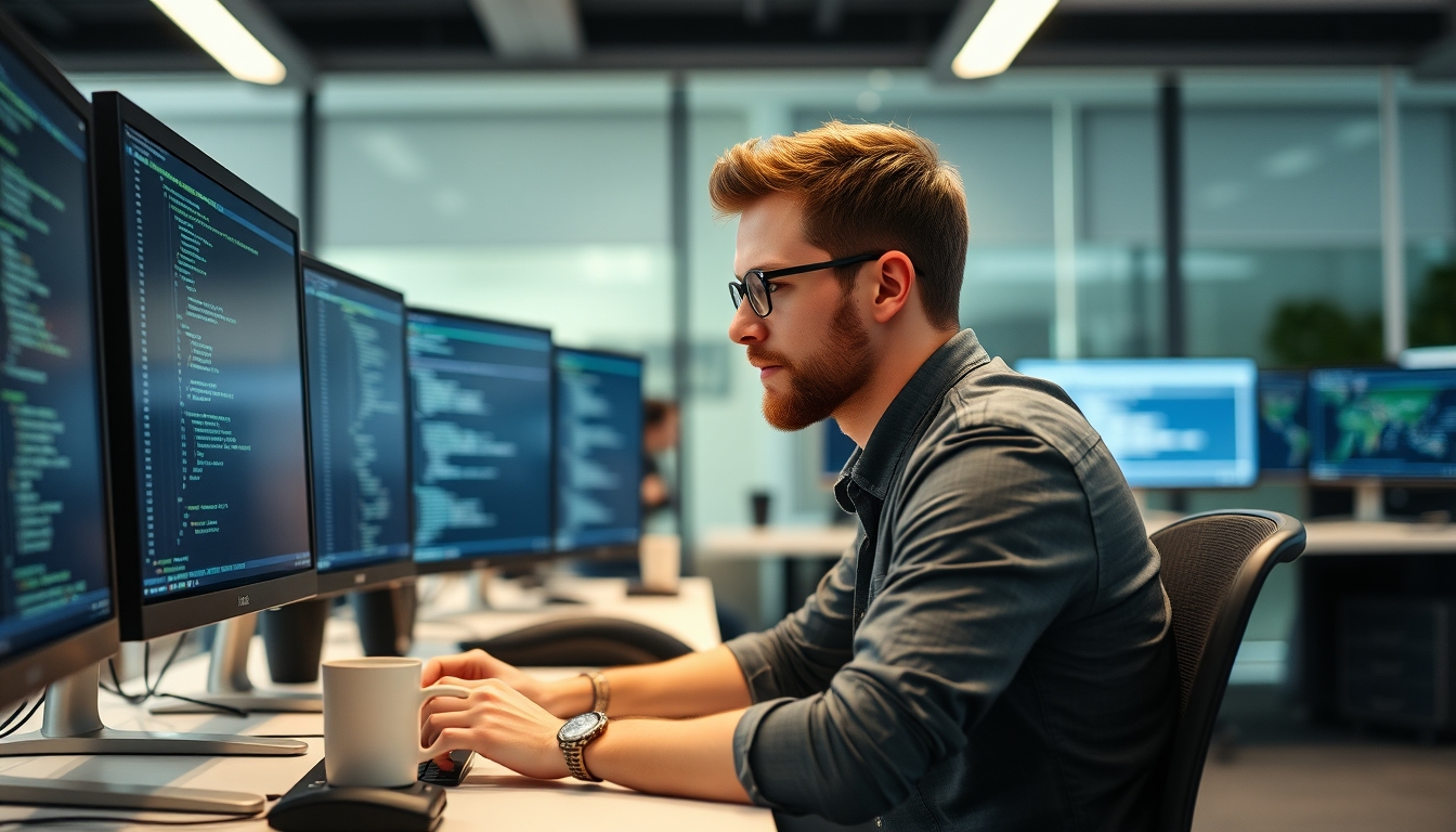 Male programmer focused on coding at computer desk in modern office environment with multiple monitors and coffee mug, emphasizing technology, software development, and work productivity.