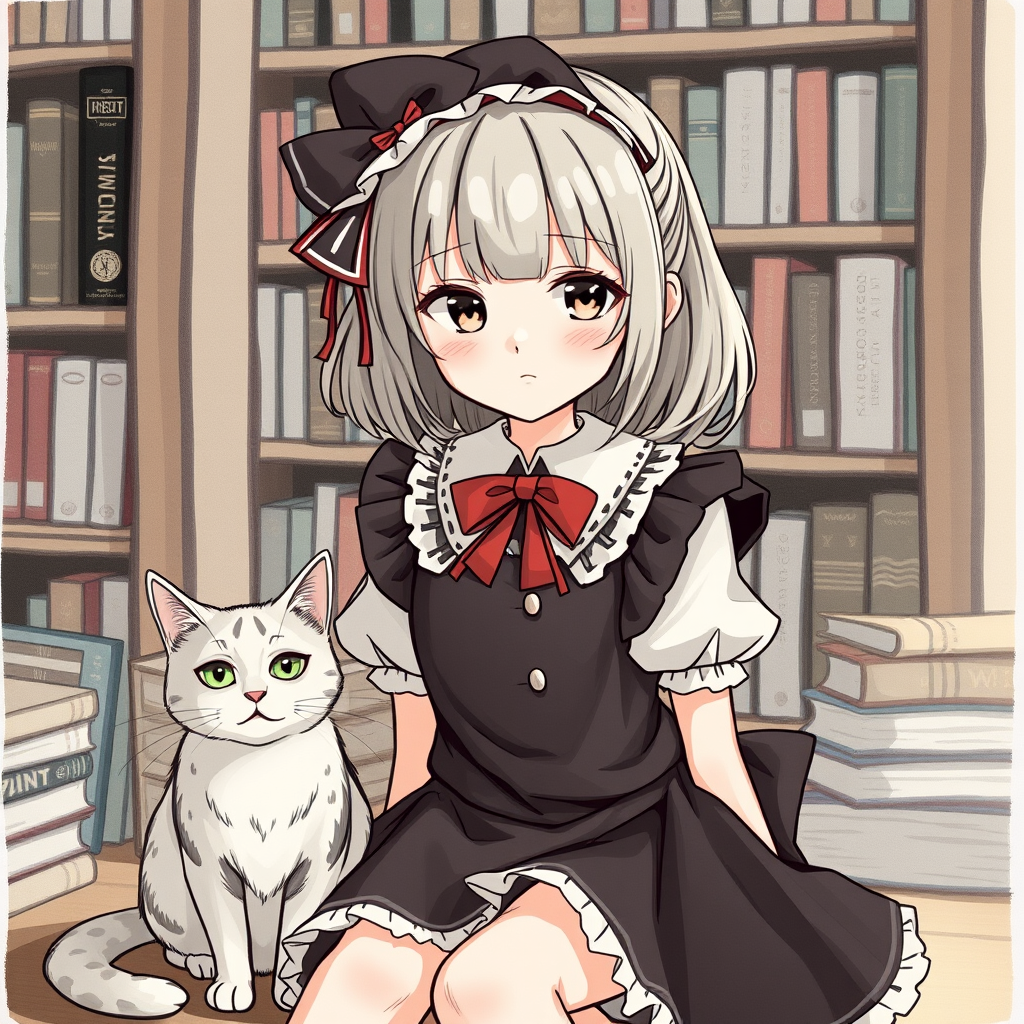 Final fancy style, young girl, nice outfit, short dress, whole, front face, with a cat sitting beside, background is a bookstore. - Image