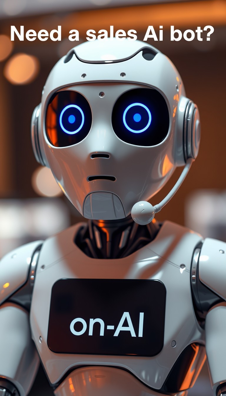 A sales AI bot named on-AI (written on its chest) calls clients, and in the background, it says: "Need a sales AI bot? Click the button below..."