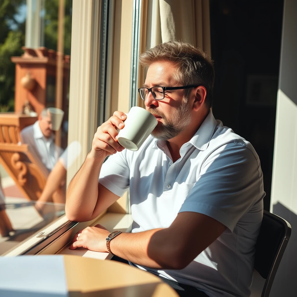 A sunny man is sitting by the window drinking American coffee.