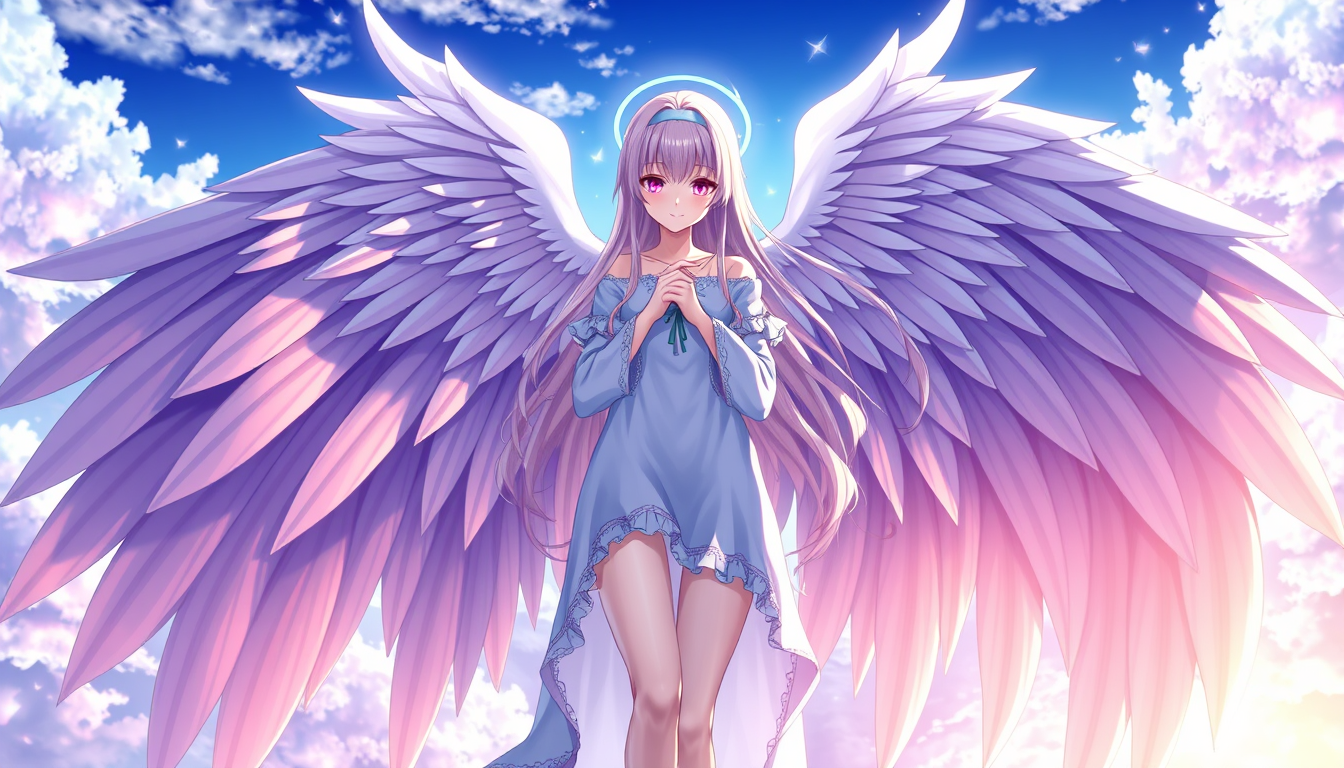 Anime art of a motherly angel with huge wings, long hair, clothes, natural reflective, detailed body, standing, wallpaper anime background, stunning details, anime artwork, illustration quality, windows wallpaper download. - Image