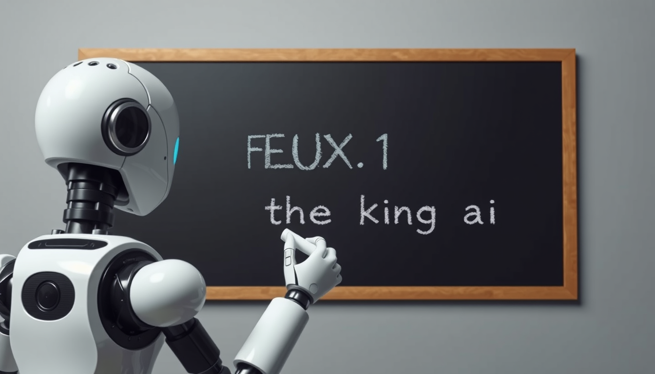 A robot holding chalk looking at a blackboard that reads the following poem: "FLUX.1 the king ai."