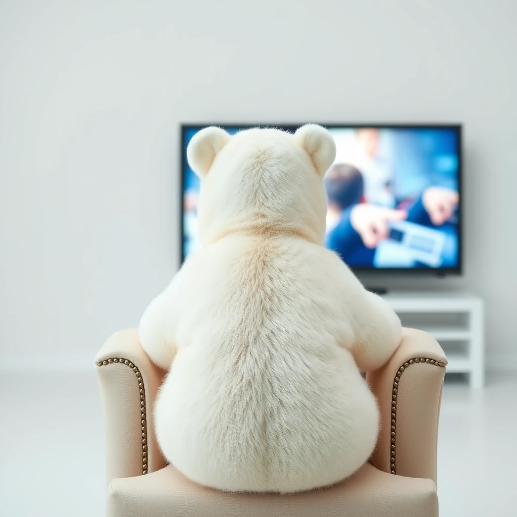 Static extreme wide angle, shoulder shot of a cute white baby bear watching TV in a white empty space. The rear of the white bear sits on a luxury chair. - Image