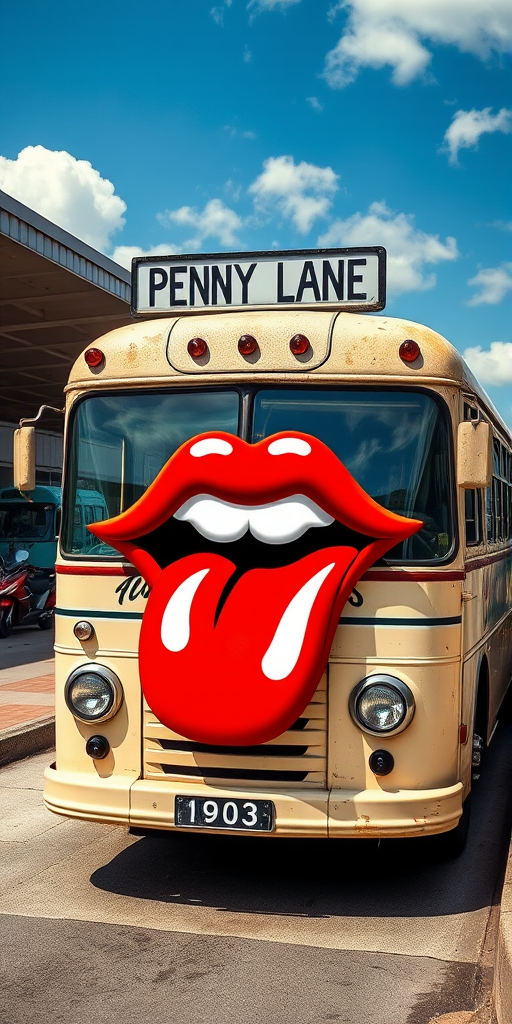 Surreal and whimsical image featuring a vintage bus parked at a bus station. The bus has a cream-colored exterior with a slightly weathered look, and the number '1903' is displayed on the front. The most striking feature is the large, exaggerated set of lips and teeth superimposed on the front bumper of the bus, resembling the rolling stones logo, with headlights as eyes and giving it a cartoonish and humorous appearance. The bus station has a covered area with a high roof, and there are other buses and motorcycles visible in the background. The bus destination sign reads 'PENNY LANE' in white text on a black background. The overall scene is bright and clear, with a blue sky and some clouds visible.