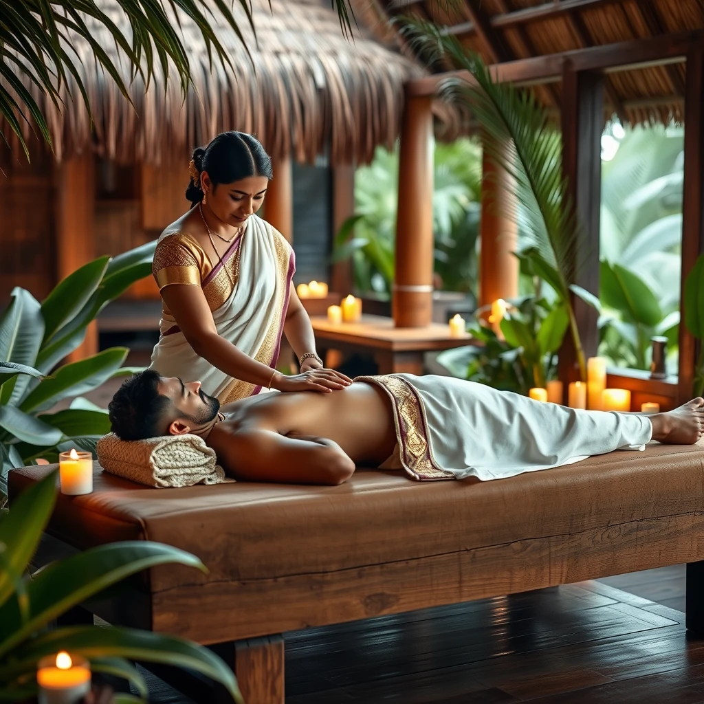 Create an image featuring a serene Kerala spa scene. In the foreground, depict a traditional Kerala lady dressed in a white and gold saree (kasavu) with intricate detailing, gently massaging a Kerala man who is lying on a wooden massage table. The man, wearing a white dhoti, looks relaxed and rejuvenated. Surround the scene with natural elements like banana leaves, coconut trees, and soft candlelight, enhancing the calming atmosphere. The background should include elements of traditional Kerala architecture, such as wooden pillars and a thatched roof, to emphasize the authentic experience. The lighting should be soft and warm, highlighting the peaceful ambiance of the spa setting. - Image