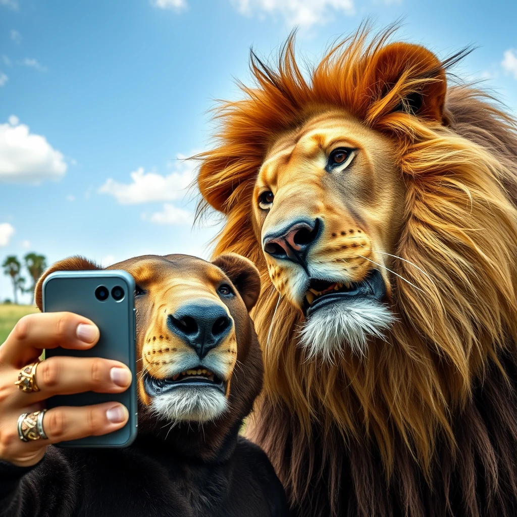 bear taking a selfie with lion - Image