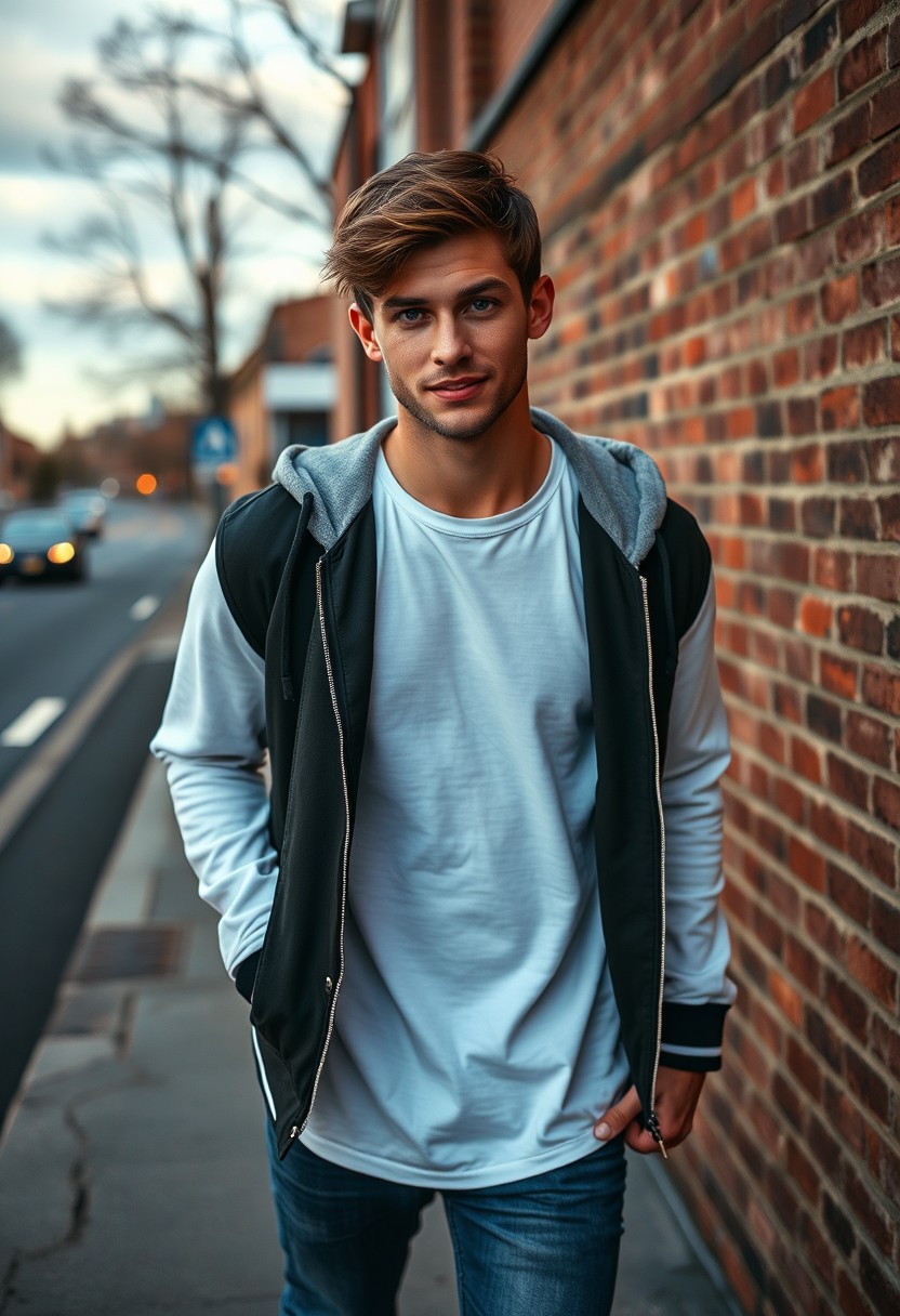 Jamie Dornan head and body shot, handsome, young, serious face, brown-haired, white T-shirt, college jacket, skinny jeans, sneakers, walking with hot style, flirting face smile, near town road, hyper-realistic, street photography, brick wall, full body photo.