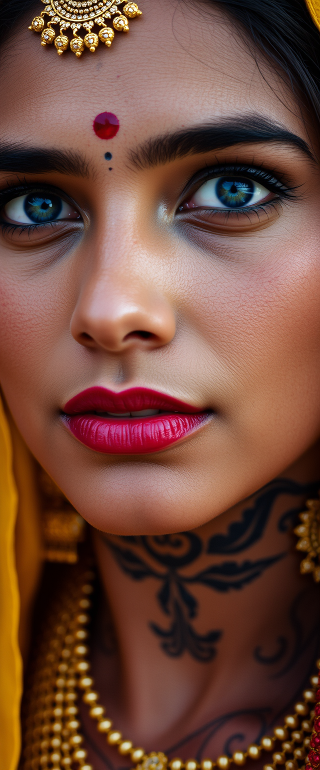 Close-up view of a tattooed neck of Indian women with beautiful facial features, blue eyes, wearing gold ornaments.