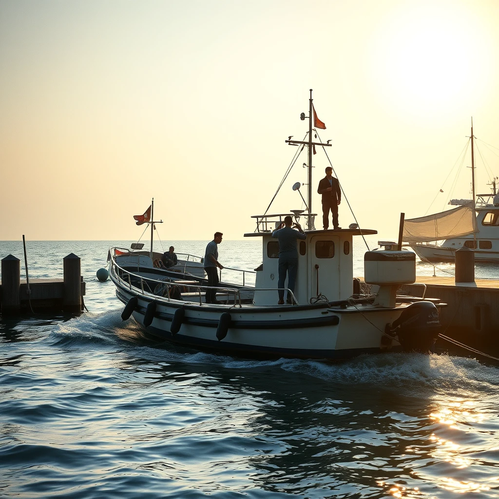 The morning sun bathes the dock in its gentle light, where a small boat quietly rests at its berth. The crew members are busily preparing for the voyage, their movements precise and powerful, each action a testament to their respect for the sea and their skilled craftsmanship. The captain, standing strong at the prow, fixes his determined gaze upon the horizon. As the engine roars to life, the boat slowly departs the dock, setting its course for the distant Cheung Chau Island. The sea breeze is fierce, filling the sails and propelling the vessel forward with steady resolve through the waves. This may be a simple journey, but it is filled with the spirit of exploring the unknown and a profound respect for the natural world. Cheung Chau Island Hong Kong, high-definition, Sony photography, Pixar style. - Image